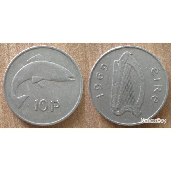 Irlande 10 Pence 1969 Eire Piece Harpe Instrument Musique Poisson Pences