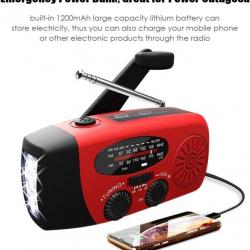 Radio d'Urgence Solaire 2000mAh Météo Portable AM/FM/NOAA Manivelle Piles Chargeur de Batterie Rouge