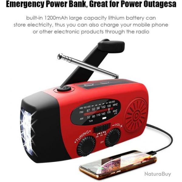 Radio d'Urgence Solaire 2000mAh Mto Portable AM/FM/NOAA Manivelle Piles Chargeur de Batterie Rouge