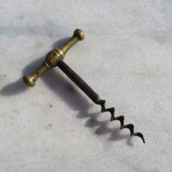 Ancien tire-bouchon de poche à tige à spirale en acier avec poignée en Bronze - FRANCE (XIXé)