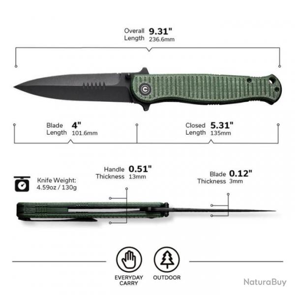 Couteau CIVIVI RS71 Dagger Green Lame Acier Nitro-V Blk Manche Micarta IKBS Linerlock CIVC230253