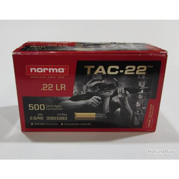 boite 500 cartouches 22lr Norma TAC-22 LRN plombs 40 grains