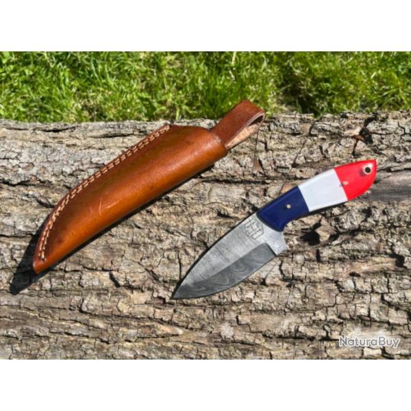 Couteau  depecer/bushcraft damas forg LLF 20cm dition patriote enchre