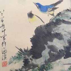 162) estampe Japonaise  signée =  en rouleau = Peinture sur papier = oiseaux chantants
