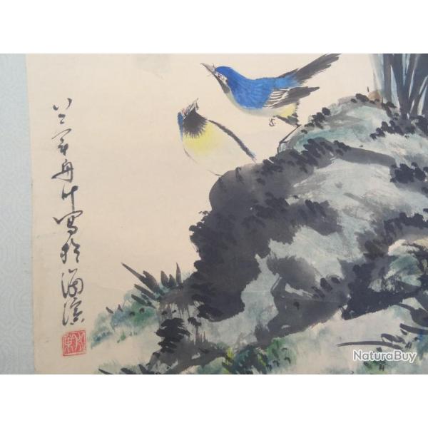 162) estampe Japonaise  signe =  en rouleau = Peinture sur papier = oiseaux chantants