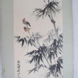 164) estampe Japonaise  signée =  en rouleau = Peinture sur papier = oiseaux