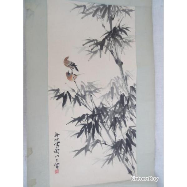 164) estampe Japonaise  signe =  en rouleau = Peinture sur papier = oiseaux