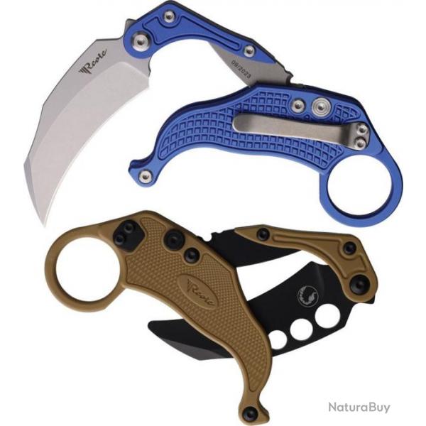 Set de 2 Karambits Reate Knives EXO-K Button Lock Manche Blue Lame Acier N690 Clip + Trainer REA125