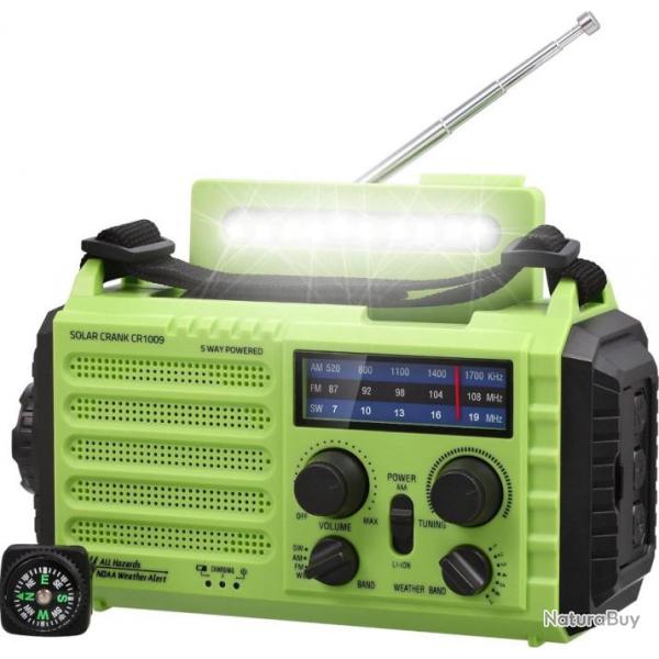 Radio d'Urgence Solaire Portable  Manivelle AM/FM/SW Batterie 4000mAh Boussole Mto SOS Charge USB