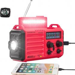 Radio Solaire Urgence Portable à Manivelle Batterie 4000mAh AM/FM/SW USB Boussole Météo SOS Rouge