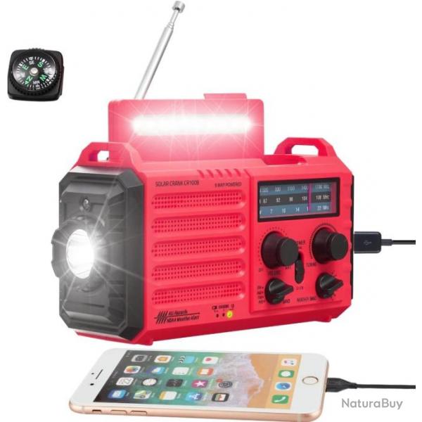 Radio Solaire Urgence Portable  Manivelle Batterie 4000mAh AM/FM/SW USB Boussole Mto SOS Rouge