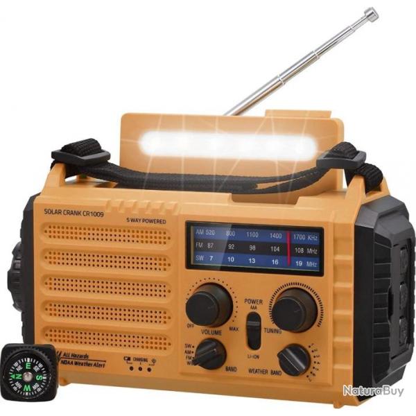 Radio Solaire Urgence Portable  Manivelle Batterie 4000mAh AM/FM/SW USB Boussole Mto SOS Jaune