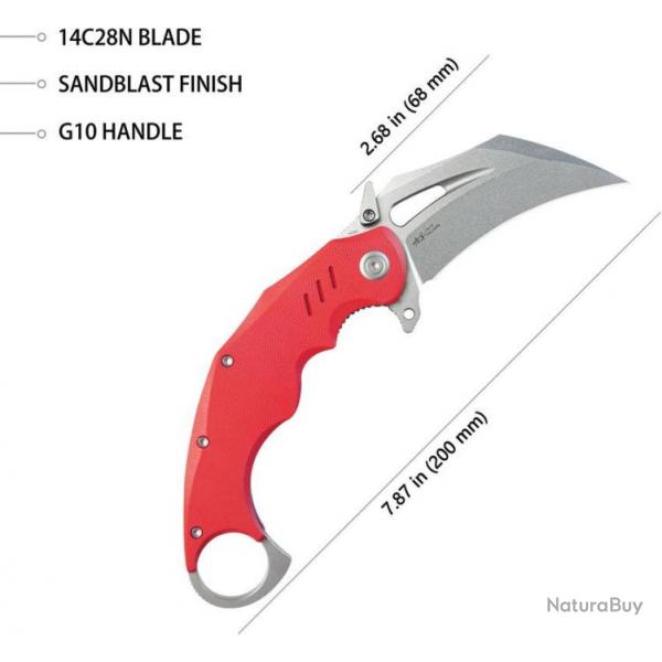 Couteau Kubey Wrath Karambit Red Manche G10 Lame Acier 14C28N Blade IKBS Linerlock Clip KUB261D