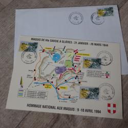 Grande enveloppe 1er jour Hommage Maquis des Glières + grande carte bataille WW2