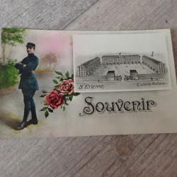 Carte postale Souvenir de conscription. Soldat français caserne Rullière Saint-Etienne