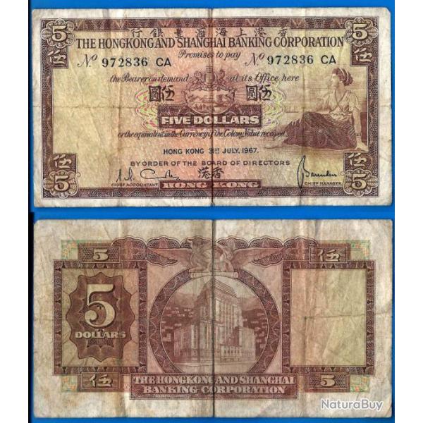 Hong Kong 5 Dollars 1967 Serie CA par HSBC Billet