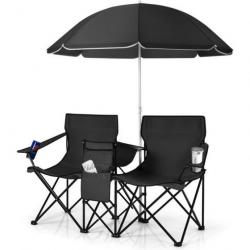 Chaise/Fauteuil de Camping Pliante 2 Places + Sac isotherme Parasol Porte-gobelet Accoudoirs Noir