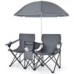 Chaise/Fauteuil de Camping Pliante 2 Places + Sac isotherme Parasol Porte-gobelet Accoudoirs Gris