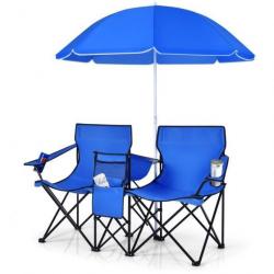 Chaise/Fauteuil de Camping Pliante 2 Places + Sac isotherme Parasol Porte-gobelet Accoudoirs Bleu