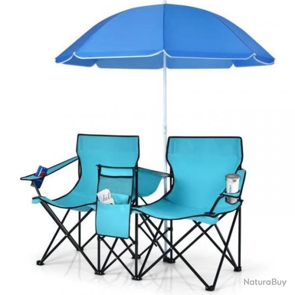 Chaise/Fauteuil de Camping Pliante 2 Places + Sac isotherme Parasol Porte-gobelet Accoudoirs blue