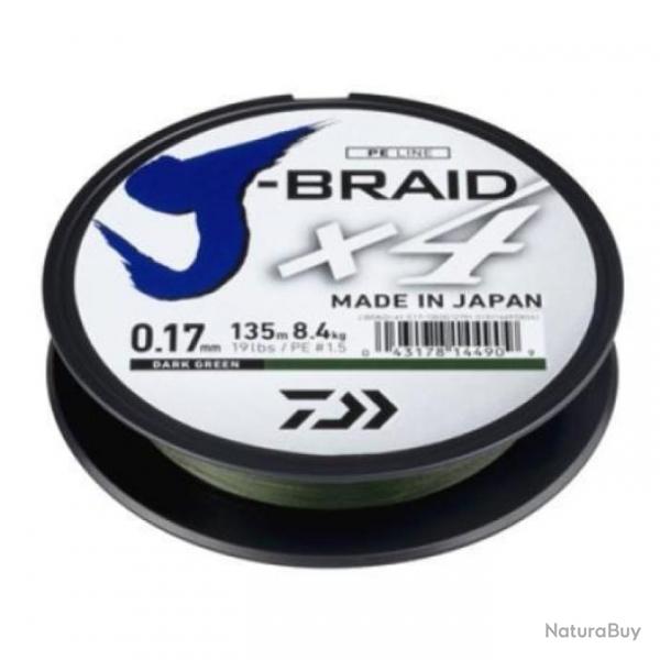 Tresse Daiwa J-Braid X4 Vert - 135 m 07/100 - 2,6 kg - 25/100 - 14,4 kg