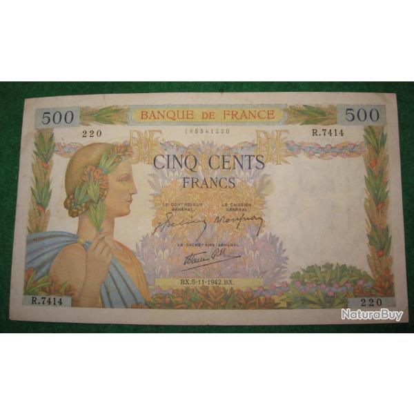 FRANCE billet de 500 francs ( la paix) du 5 -11-1942  ttb