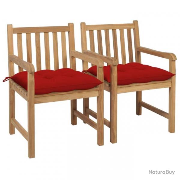 Chaises de jardin 2 pcs avec coussins rouge Bois de teck massif