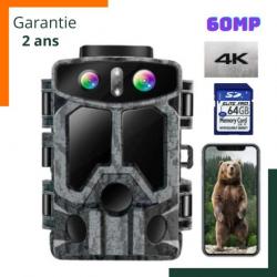 Garantie 2 ans - Caméra de chasse 4K UHD 60MP - Double caméra - Carte 64go  - Déclenchement 0,3S