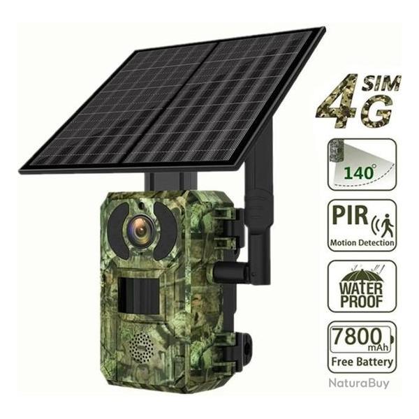 Camra de Chasse Solaire 4G Etanche 20 m PIR Vision Nocturne 30 m+Carte SD 128G