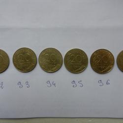 lot de pièces de monnaie française 20 centimes 1992 à 97