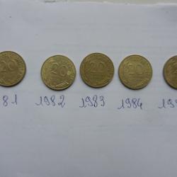 lot de pièces de monnaie française 20 centimes 1981 à 85