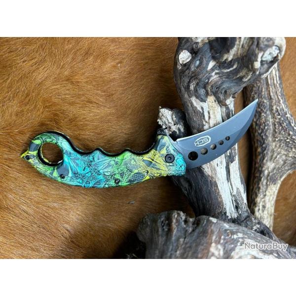 COUTEAU SEMI AUTOMATIQUE CAMOUFLAGE PLIABLE - TYPE KARAMBIT ref A16