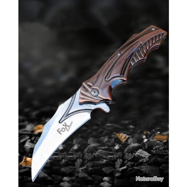 Couteau Karambit "Fox" 21 Cm Manche Acier Chrom Style Bronze & Lame Acier Poli Chrome