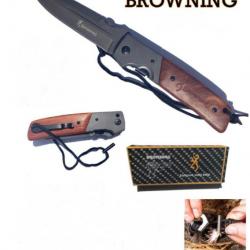 Grand Couteau Avec Allume Feu "BROWNING" Massif Lame 12,5 cm Manche Gravé 15,5 cm Lanière