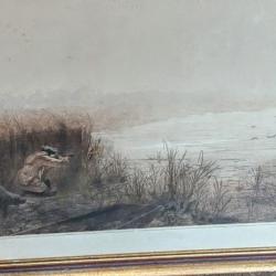 Tableau lithographie chasse au canard à la passée signée numérotée