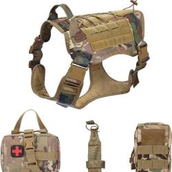 Harnais Tactique Chien et Système Molle Sac Bouteille d'eau Sac Premiers Soins Médicaux Camouflage