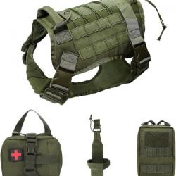 Harnais Tactique Chien et Système Molle Sac Bouteille d'eau Sac Premiers Soins Médicaux Vert