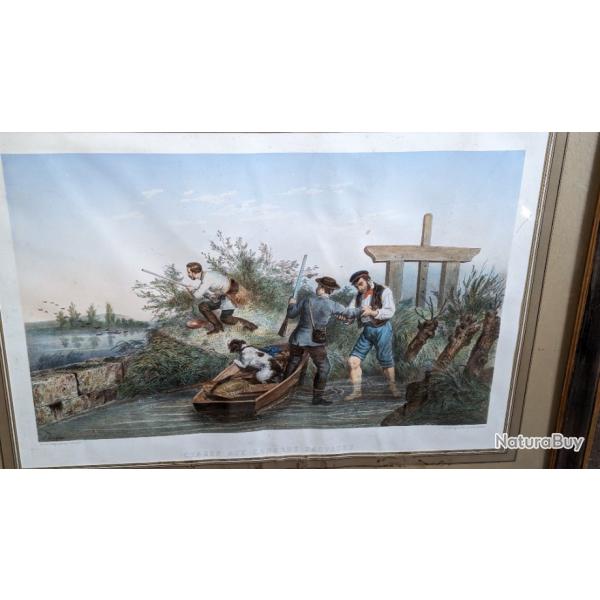 Tableau ancien XIXME Gravure chasse aux canards F Grenier