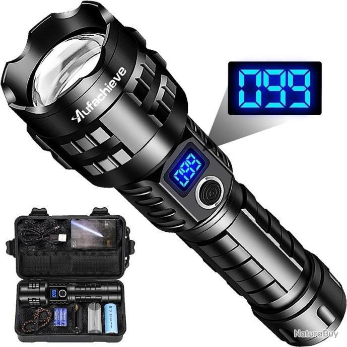 Lampe Torche LED Rechargeable 10000 Lumens - Zoomable, 5 Modes, étanche IPX5 - Pour Camping, Randonnée, Urgences