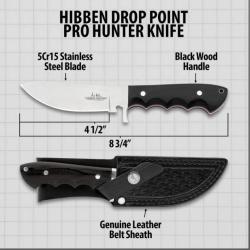 Couteau Gil Hibben Pro Hunter Satin Lame Drop Point Acier 5Cr15 Manche Bois Etui Cuir GH5124