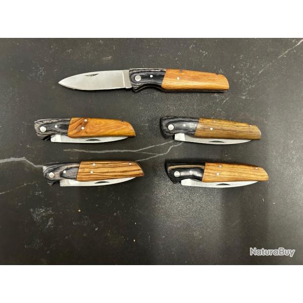 Lot de 5 couteaux de poche manche bois olivier Ref LT14 taille 18cm avec gravure prnom offert