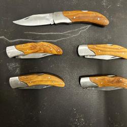 Lot de 5 couteaux de poche manche bois olivier Ref LT20 taille 19cm avec gravure prénom offert