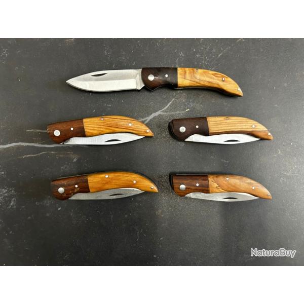 Lot de 5 couteaux de poche manche bois olivier Ref LT49 taille 19cm avec gravure prnom offert