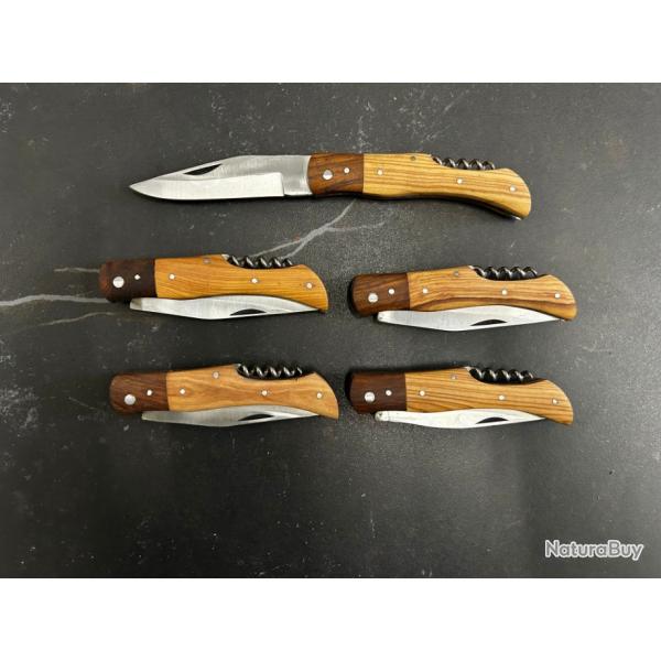 Lot de 5 couteaux de poche manche bois olivier Ref LT56 taille 21cm avec gravure prnom offert