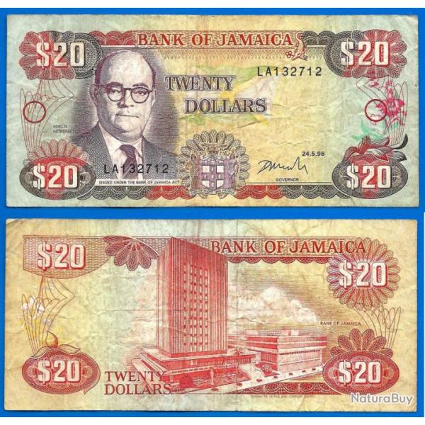 Jamaique 20 Dollars 1996 Billet Immeuble Banque de Jamaique