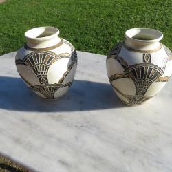 VINTAGE - Ancienne paire de Vase boule Art Déco en céramique craquelé à décor de palmettes (XXé)