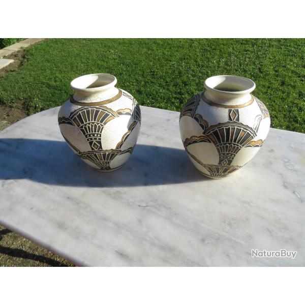 VINTAGE - Ancienne paire de Vase boule Art Dco en cramique craquel  dcor de palmettes (XX)