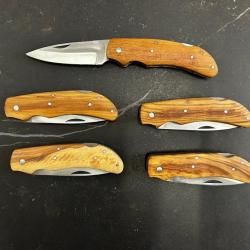 Lot de 5 couteaux de poche manche bois olivier Ref LT64 taille 19cm avec gravure prénom offert