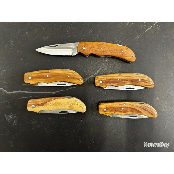 Lot de 5 couteaux de poche manche bois olivier Ref LT64 taille 19cm avec gravure prnom offert