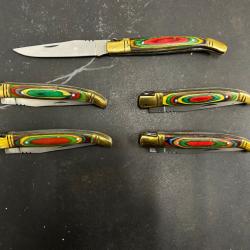Lot de 5 couteaux de poche manche bois coloré Ref LT72 taille 21cm avec gravure prénom offert